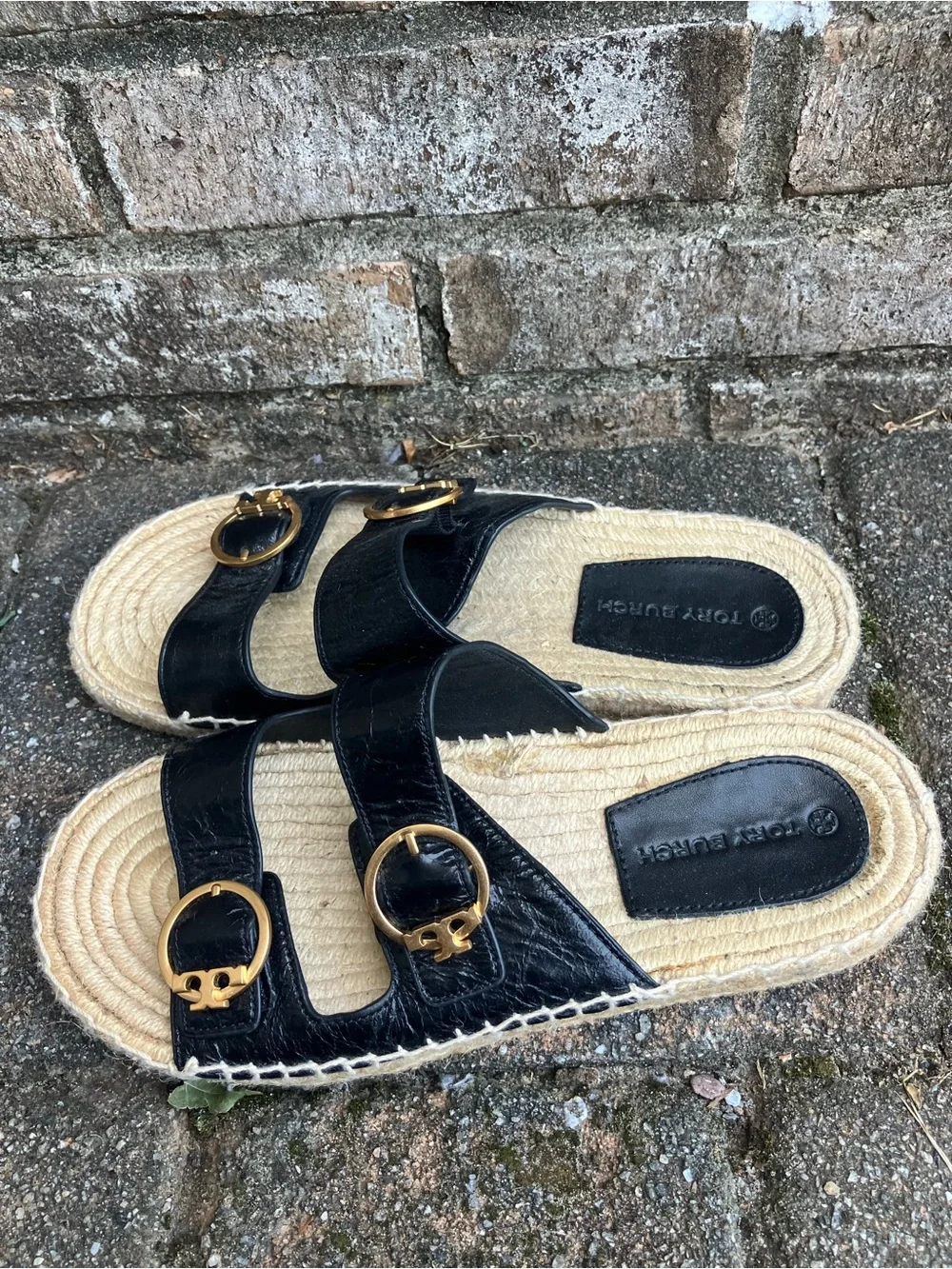 Tory Burch Leather Double-Buckle Espadrille Sandals with Gold Hardware size 8.5
